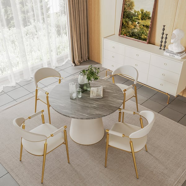 Set of 2 Curvice white PU leather dining chairs with curved back and stainless steel arms