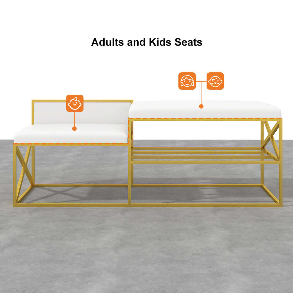 Modern white upholstered bench with gold legs for entryway decor