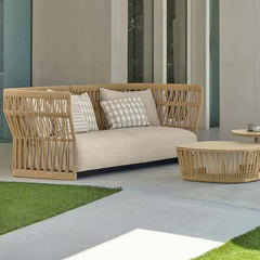 Durable Emilio Natural Style Wood Color Rattan Outdoor Sofa 3Seater with Cushion Pillow for Garden