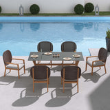 7 Pieces Teak Wood Outdoor Dining Set with Glass Top Table Rattan Armchair in Natural