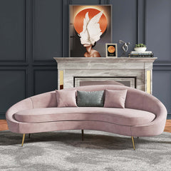 Elegant 63 inch curved sofa in pink velvet with gold metal base and included toss pillow