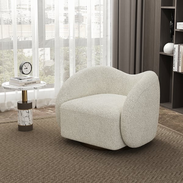 White swivel accent chair with cloud boucle fabric, modern lounge seating for living room