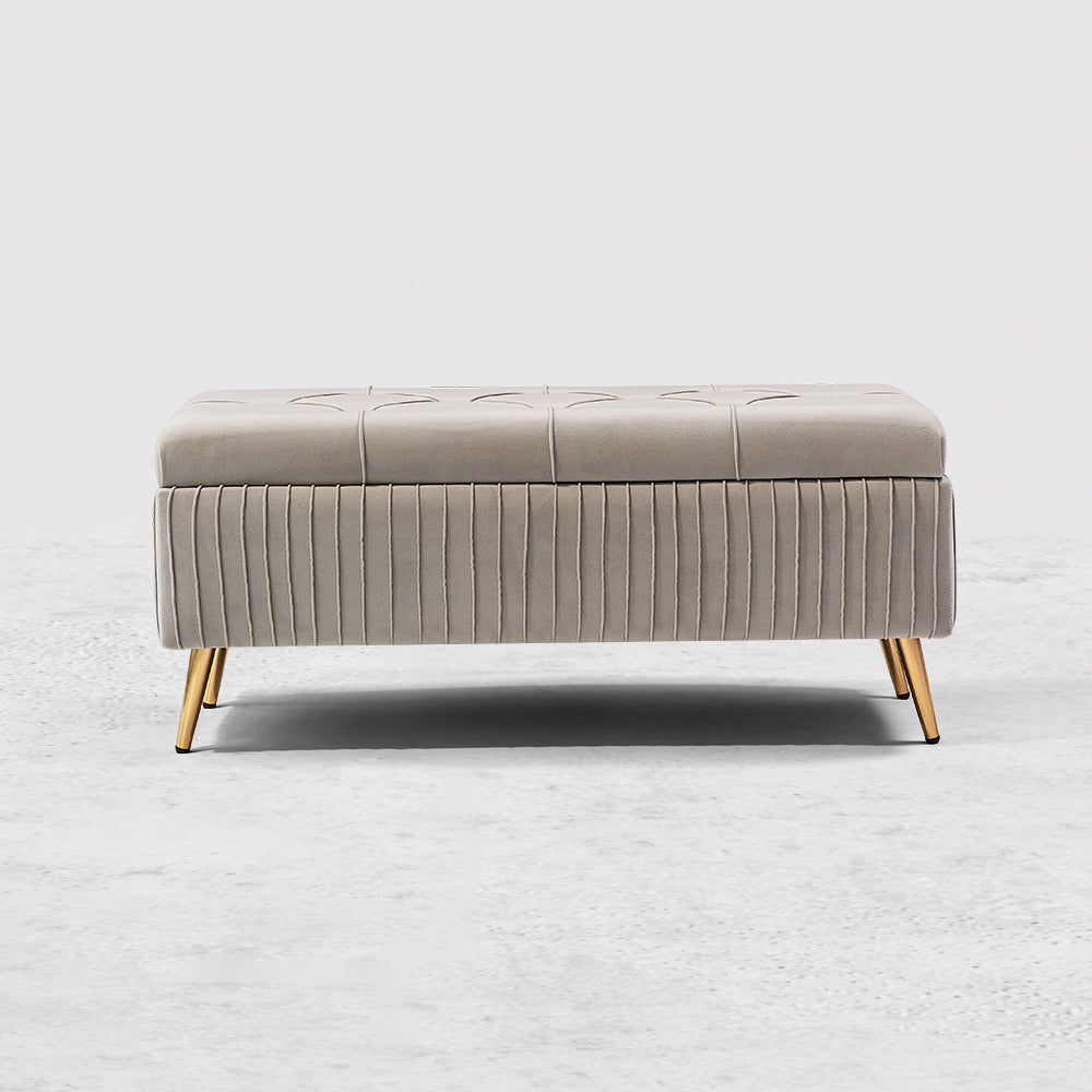 Modern Velvet Storage Bench Flip Top in Gray with Gold Legs