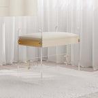 Functional white makeup vanity with extendable mirror, acrylic stool & spacious drawers