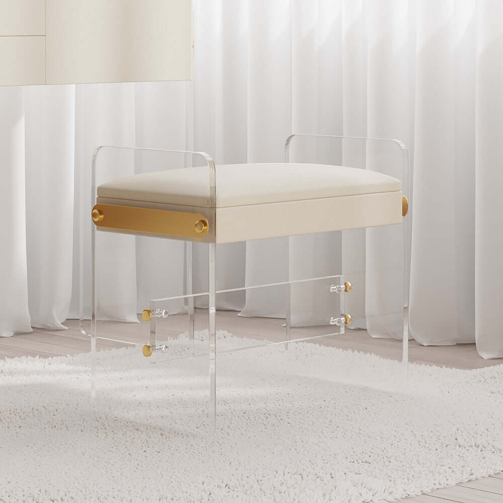 Functional white makeup vanity with extendable mirror, acrylic stool & spacious drawers