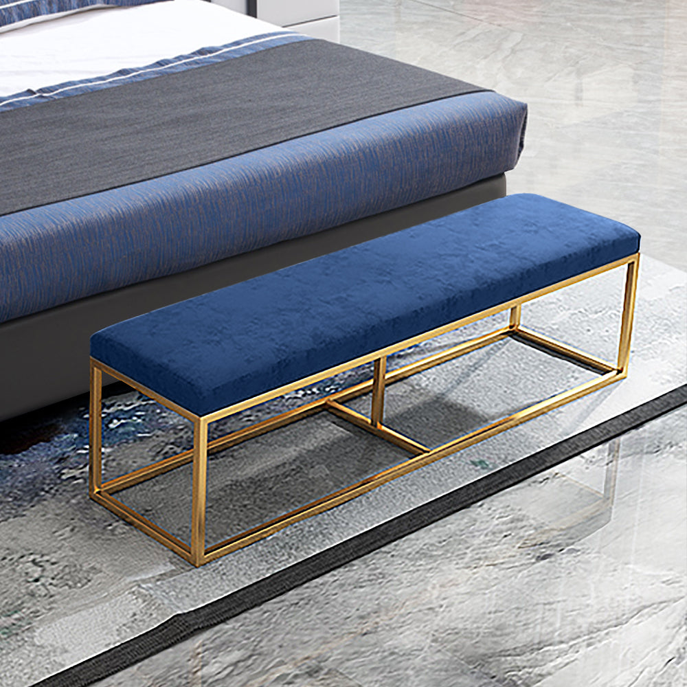 Modern blue velvet bedroom bench with gold metal frame, elegant and comfortable seating for bedroom or living room