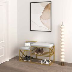 Stylish white PU leather entryway bench with gold legs