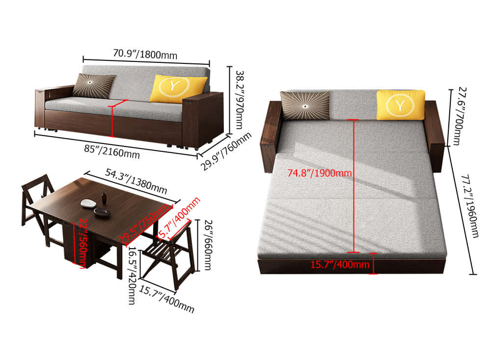 85'' Full Sleeper Sofa with Foldable Dining Table and Chairs Linen Convertible Sofa Bed for comfortable living