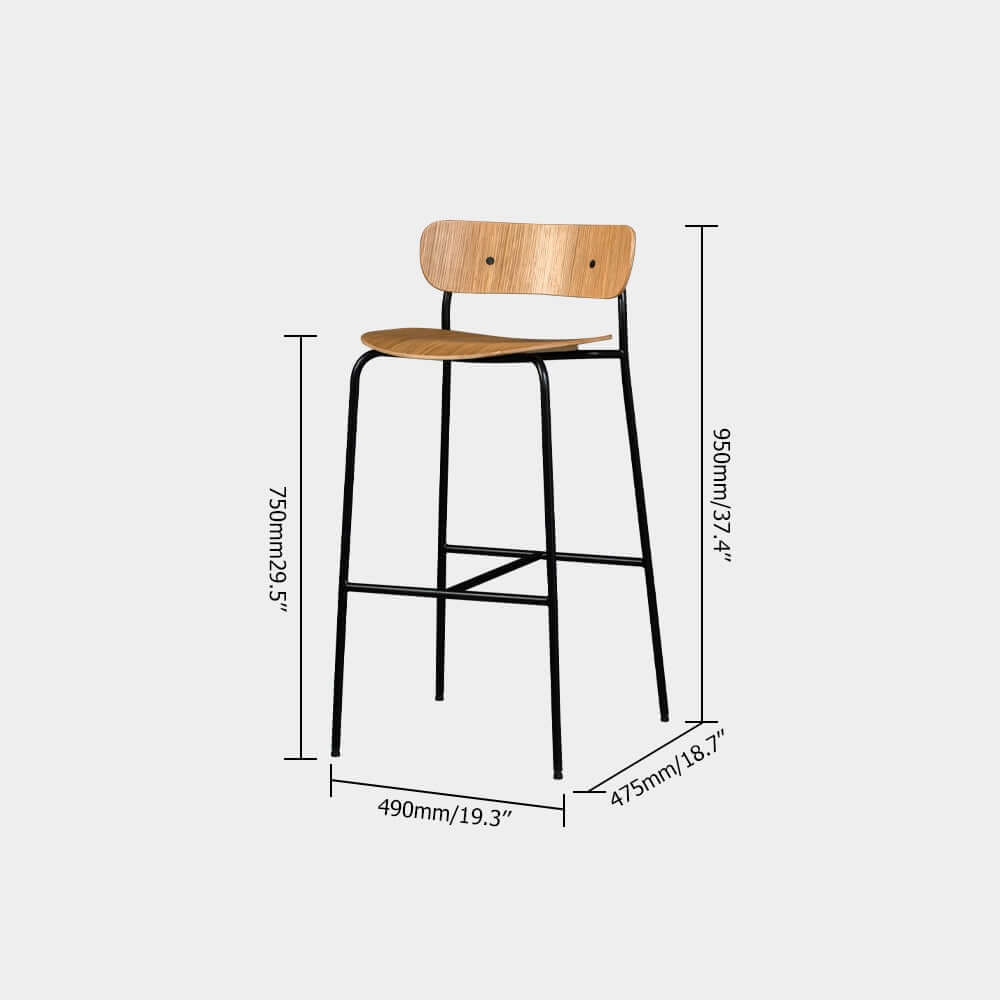 Classic wooden bar stool with footrest, natural wood counter height chair, metal frame, kitchen furniture