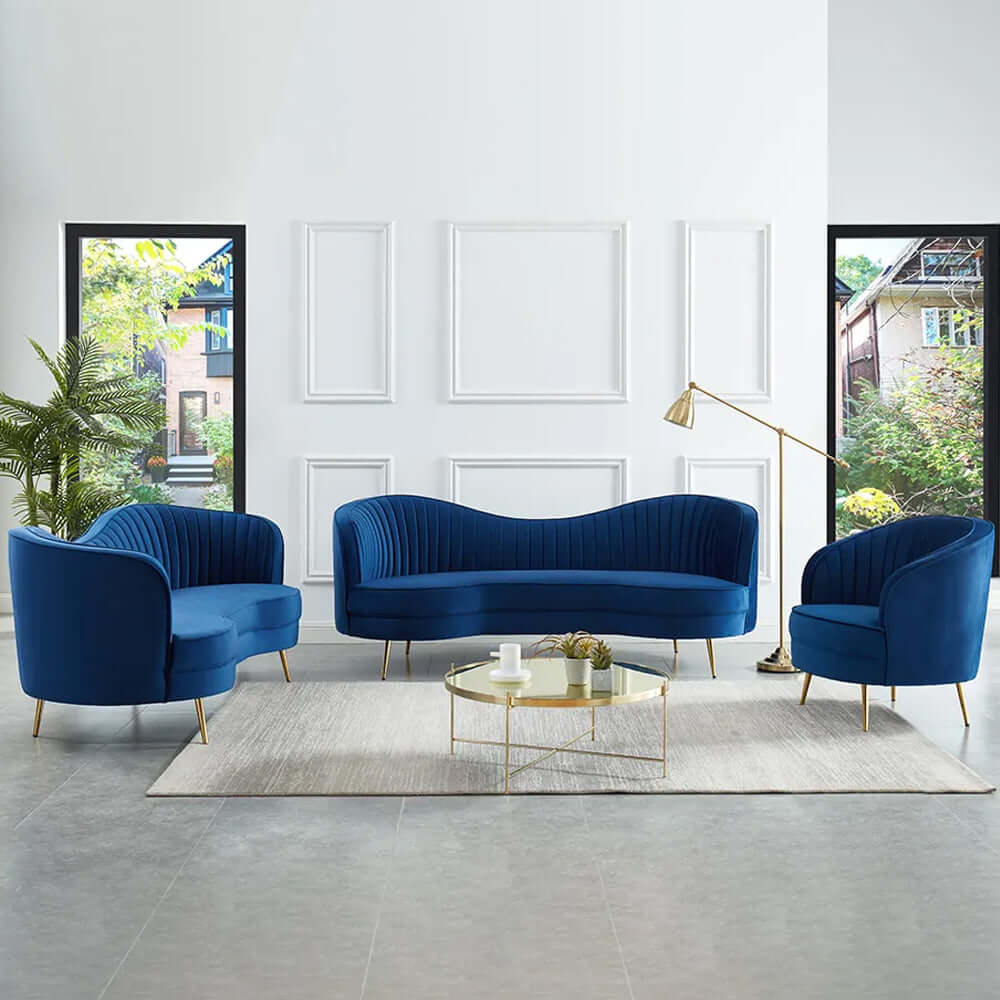 Luxury blue velvet sofa set with curved 3-seater loveseat and sofa for stylish living room decor メイン画像