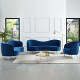 Luxury Blue Velvet Sofa Set 3 Pieces Living Room Set Curved 3Seater Loveseat & Sofa