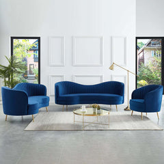 Luxury blue velvet sofa set with curved 3-seater loveseat and sofa for stylish living room decor