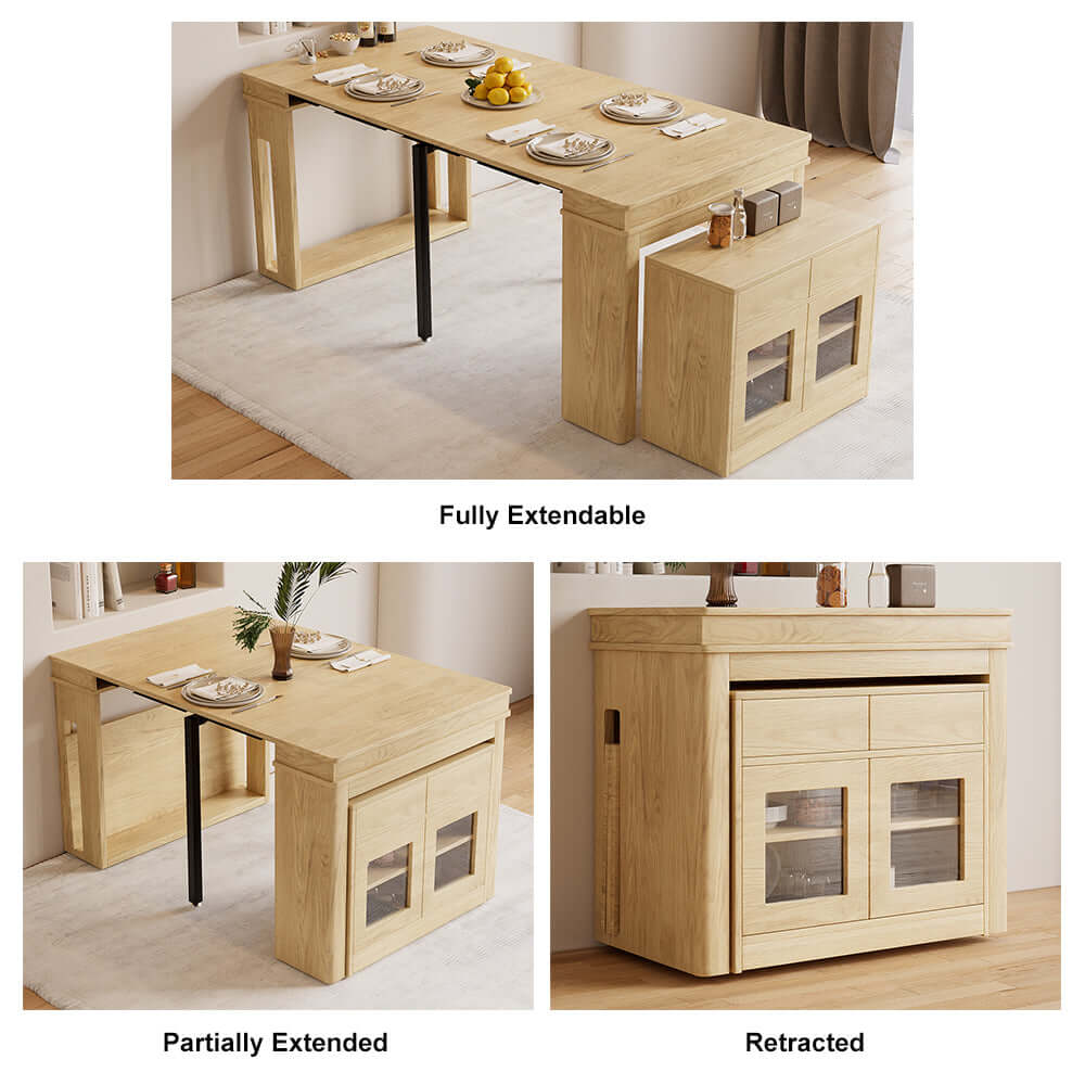 Modern extendable dining table with 4 chairs and rectangle storage sideboard in elegant walnut and gray finish