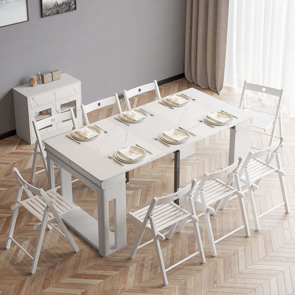 Modern extendable dining table with 4 chairs and rectangle storage sideboard in elegant walnut and gray finish