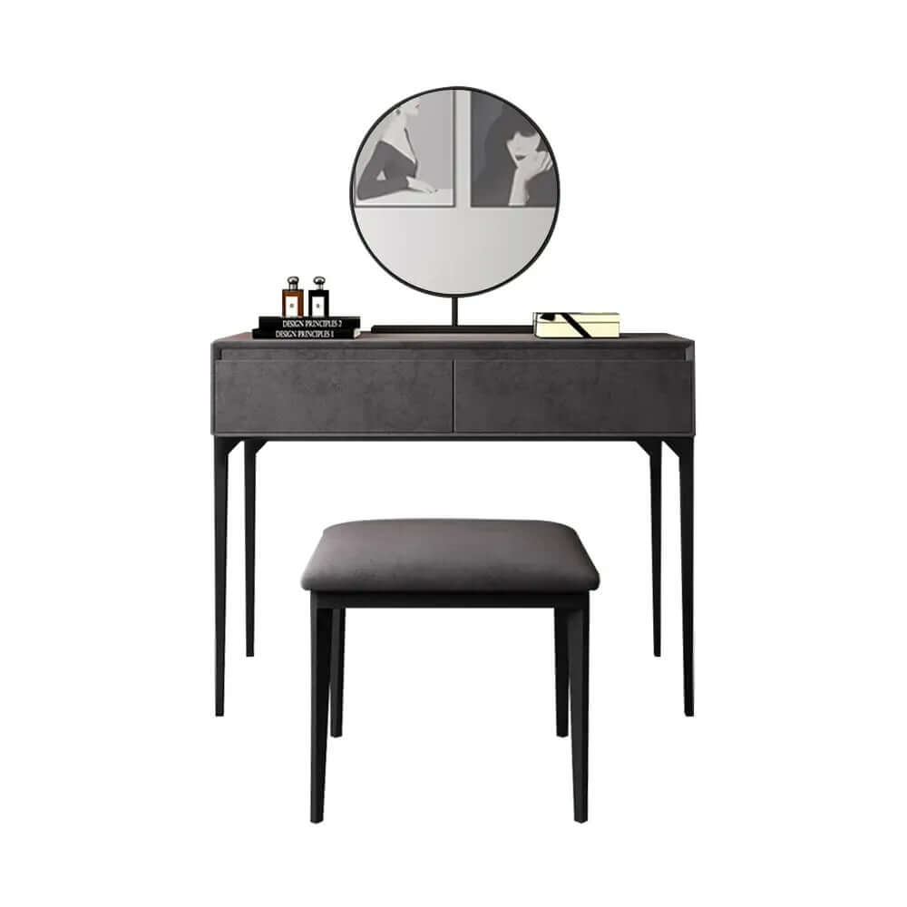 Sleek gray vanity table with soft velvet surface dressing, adjustable mirror, and cozy cushioned stool