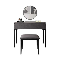 Sleek gray vanity table with soft velvet surface dressing, adjustable mirror, and cozy cushioned stool