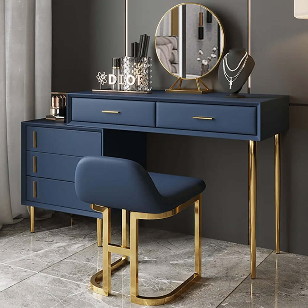 Modern blue makeup vanity set with retracted dressing table cabinet メイン画像