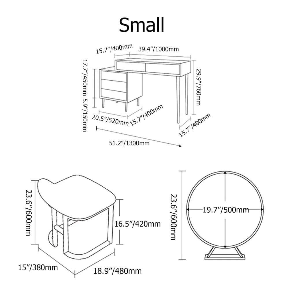Blue makeup vanity set with retractable dressing table cabinet and stool