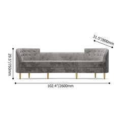 Sleek modern gray velvet upholstered 4-seater sofa with gold legs and solid wood frame