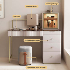 Modern champagne dressing table with jewelry storage, makeup vanity set and stool