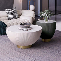 Elegant gray drum coffee table with stone round top and PU leather accent, stylish living room furniture