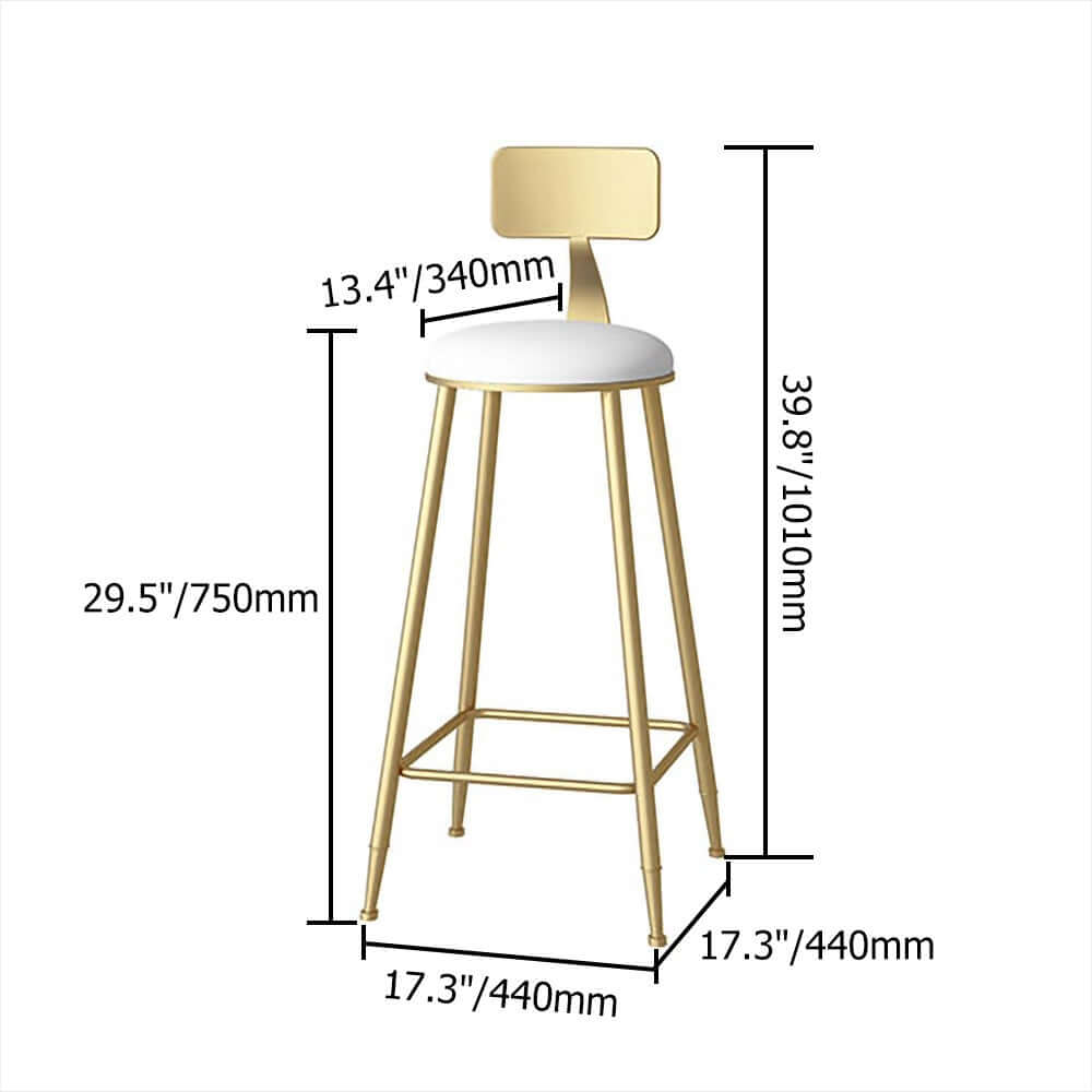 Two white modern barstools with backrest and footrests for elevated seating