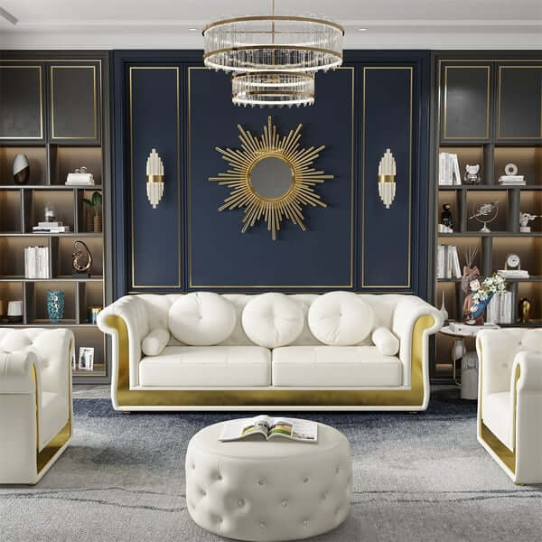 Dodiy Modern Upholstered 3-Seater Sofa with Tufted Leather and 5 Pillows - Stylish White Living Room Furniture