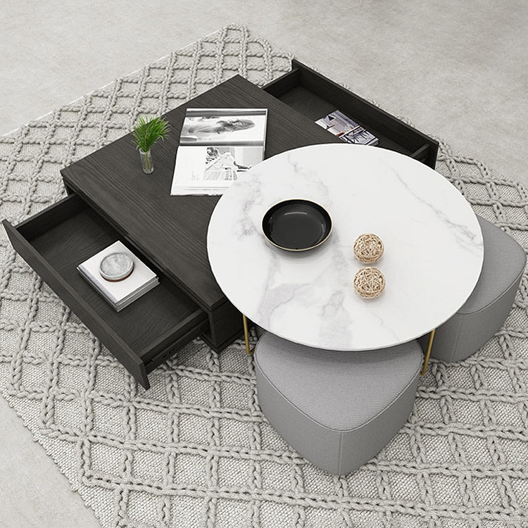 Round and square nesting coffee table set with storage and ottomans, 2-piece accent tables for living room