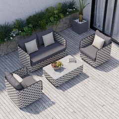 Modern 4Pcs Aluminum & Rope Outdoor Sofa Set with Faux Marble Coffee Table and Soft Cushion Pillow for Outdoor Living