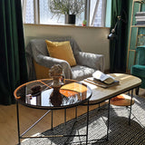 Natural Solid Wood Oval Coffee Table with Tea Tempered Glass Side Table Set Gold Storage Shelf