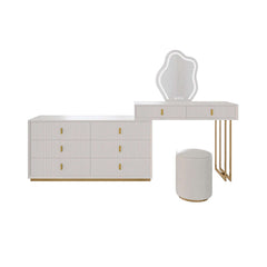 Chic white makeup vanity with 6-drawer cabinet, dressing table, stool, and mirror for bedroom interior design