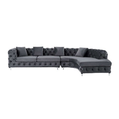 Stunning LShaped curved gray velvet chesterfield sofa for lavish living spaces