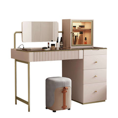 Champagne dressing table with jewelry storage, modern makeup vanity set and stool