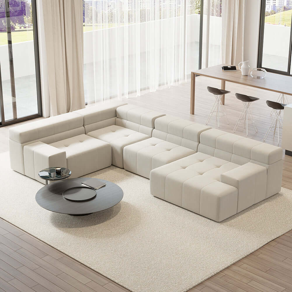133 inch LShaped Modern Off White Velvet Modular Sectional Sofa with Chaise メイン画像