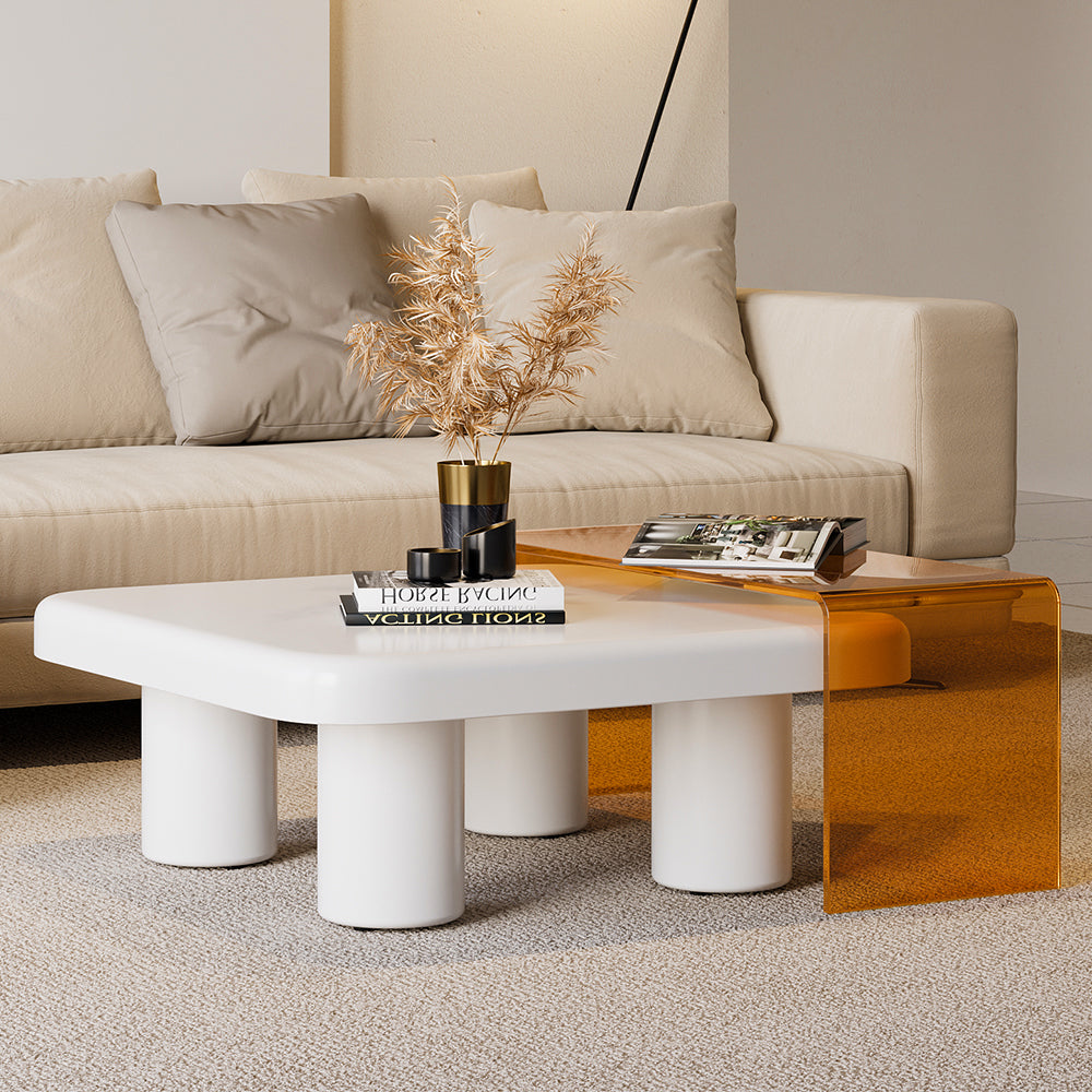 Square Nesting Coffee Table Set of 2 with Acrylic Waterfall End Table in White & Orange