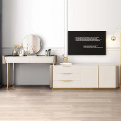 Modern offwhite vanity set with mirror and versatile storage options