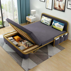 Modern gray velvet sofa bed with gold legs and storage for living room or guest space