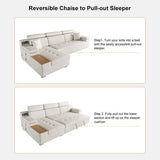 131" Sleeper Sectional Storage Sofa Pull Out Bed Headrest Adjustable with USB & Speaker