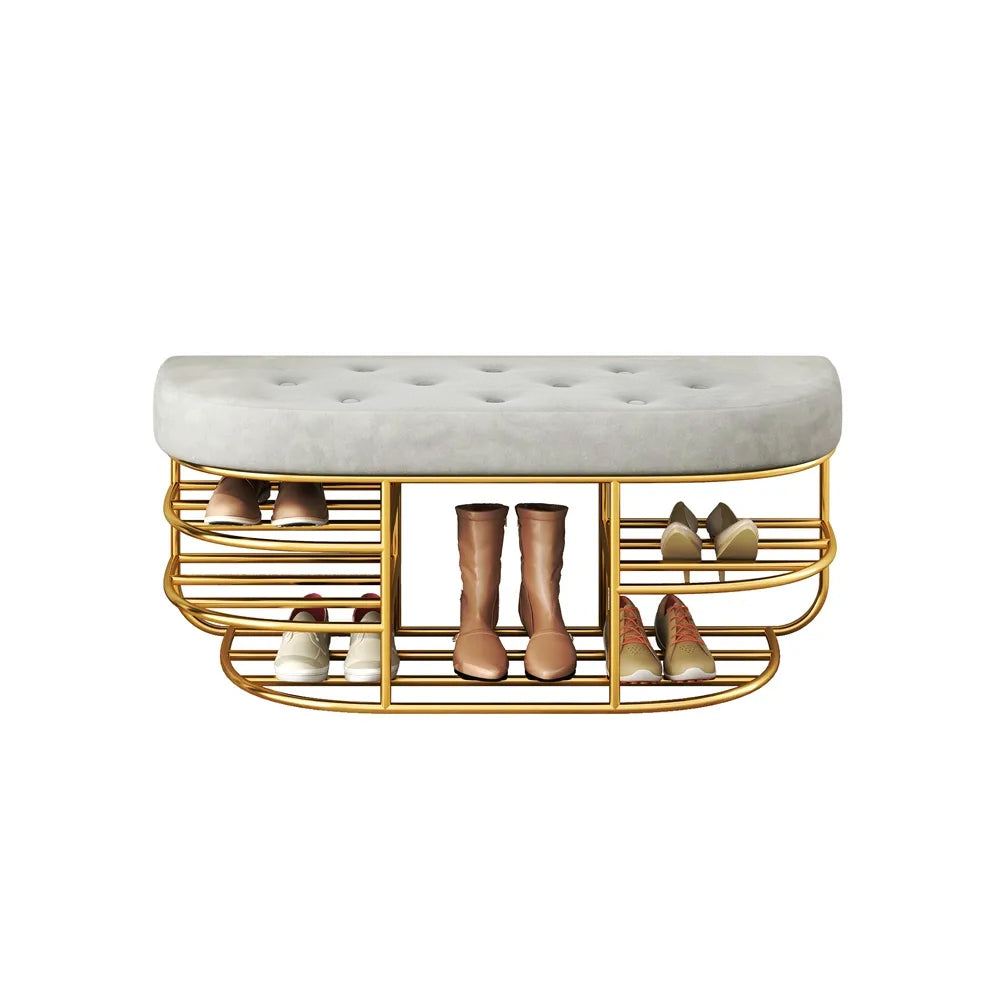 Banco de entrada tapizado de piel sintética, asiento de banco de dormitorio  con patas de metal en forma de X, reposapiés contemporáneo otomano para