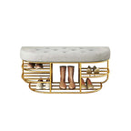 Chic gray upholstered entryway bench with shelf and gold accents, offering stylish storage solution