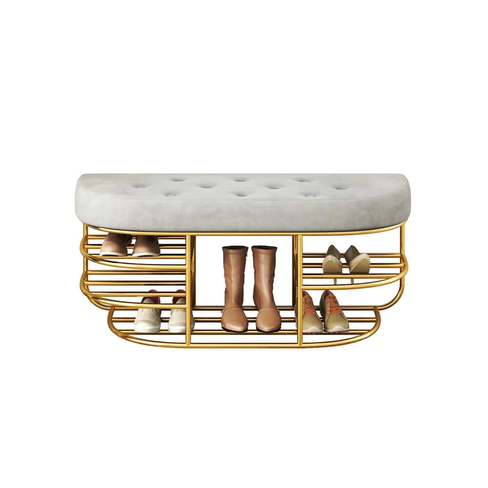 Chic gray upholstered entryway bench with shelf and gold accents, offering stylish storage solution