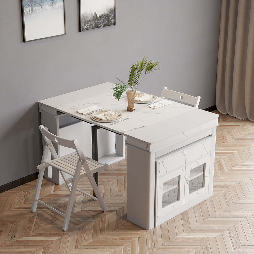 Modern extendable dining table with 4 chairs and rectangle storage sideboard in elegant walnut and gray finish