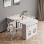 Modern extendable dining table with 4 chairs and rectangle storage sideboard in elegant walnut and gray finish