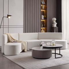 Stylish white curved sectional floor sofa with luxurious velvet upholstery