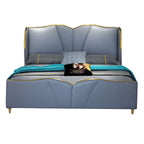 Elegant low profile blue faux leather upholstered bed frame for queen size bed