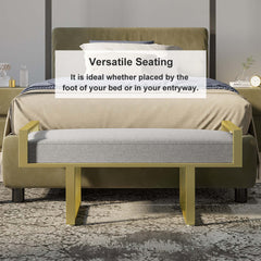 Elegant gray upholstered bench with gold legs, perfect for modern bedroom and entryway