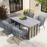 7 Pieces Gray Aluminum Outdoor Patio Dining Set with Extendable Table and Woven Armchair