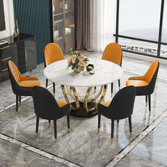 Classy white and gray 6-chair dining set with 53-inch sintered stone top round table