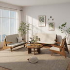 3-Piece Rattan and Ash Wood Sofa, Loveseat, and Chair Set with Comfortable White Cushions