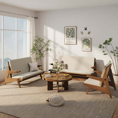 3-Piece Rattan and Ash Wood Sofa, Loveseat, and Chair Set with Comfortable White Cushions